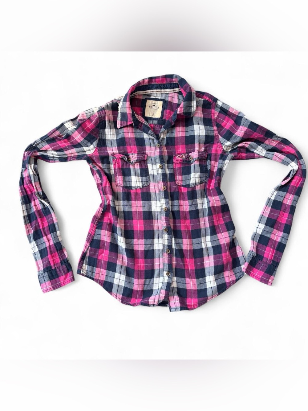 Hollister Pink Navy Plaid Fitted Flannel Button Up Shirt Small Preppy 2010s